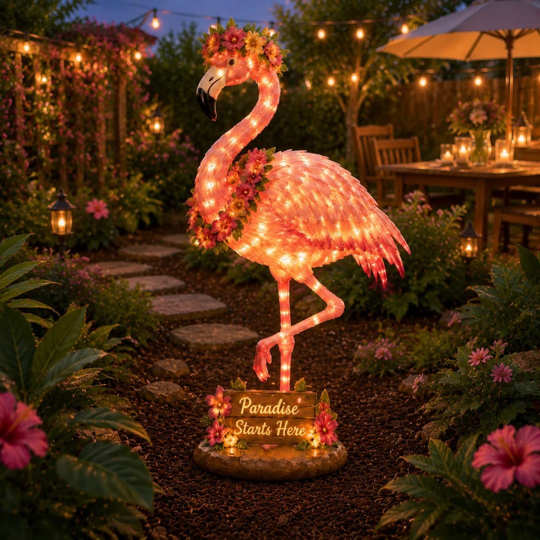 🦩🦩Flamingo Glow Garden Sculpture – Tropical Pink Light-Up Yard Decor for Backyard & Patio Nights