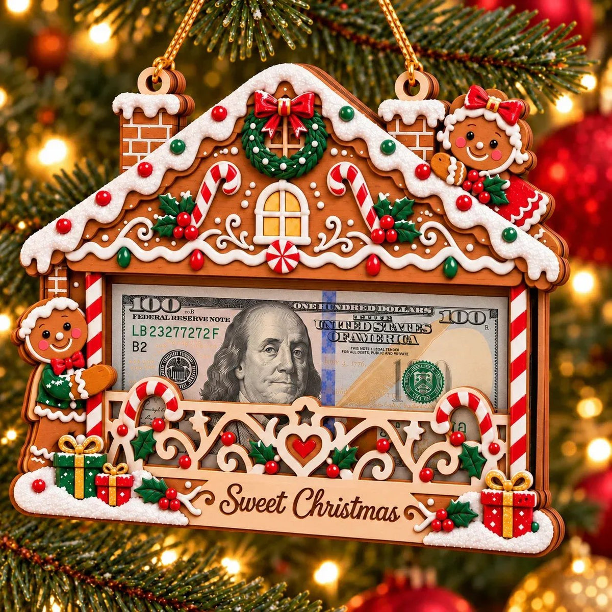 π Wooden Christmas Cash Gift Holder Ornament