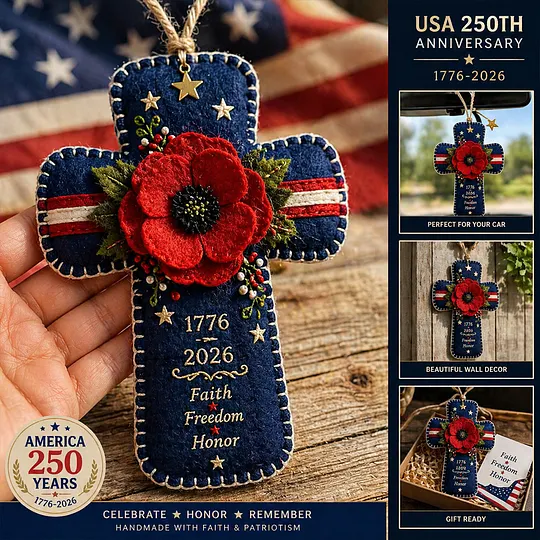 🎖️🇺🇸 1776–2026 Patriotic Poppy Cross Ornament – Faith Freedom Honor Embroidered Memorial Decor