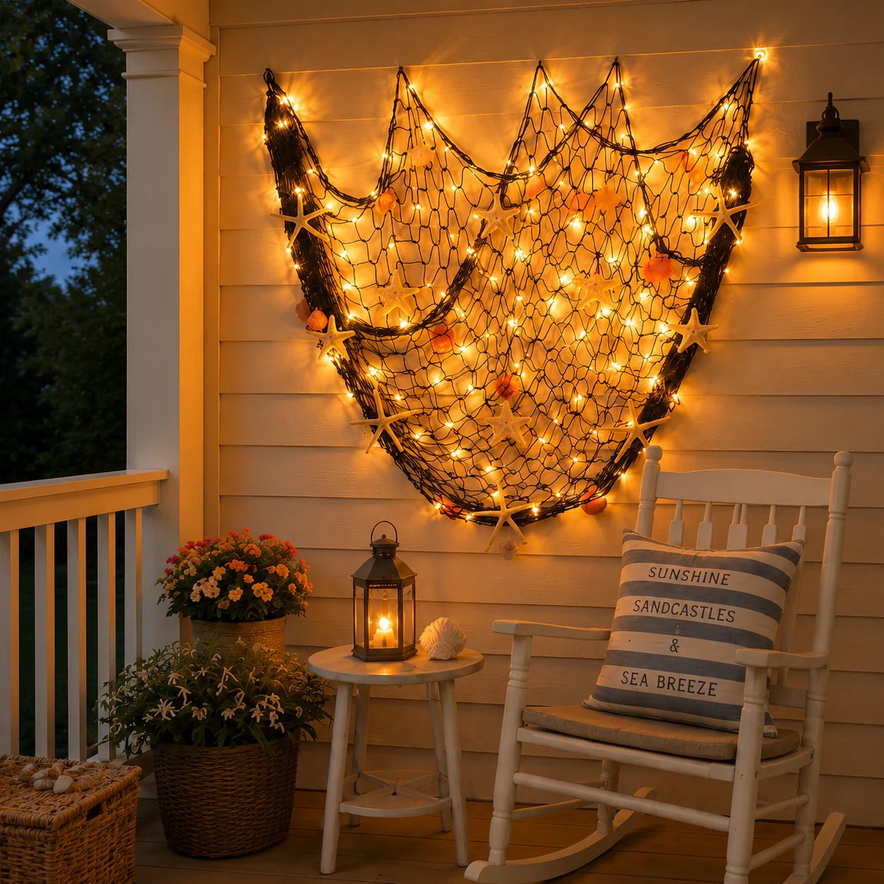 ππβ¨ Coastal Fishing Net Wall Hanging with Fairy Lights