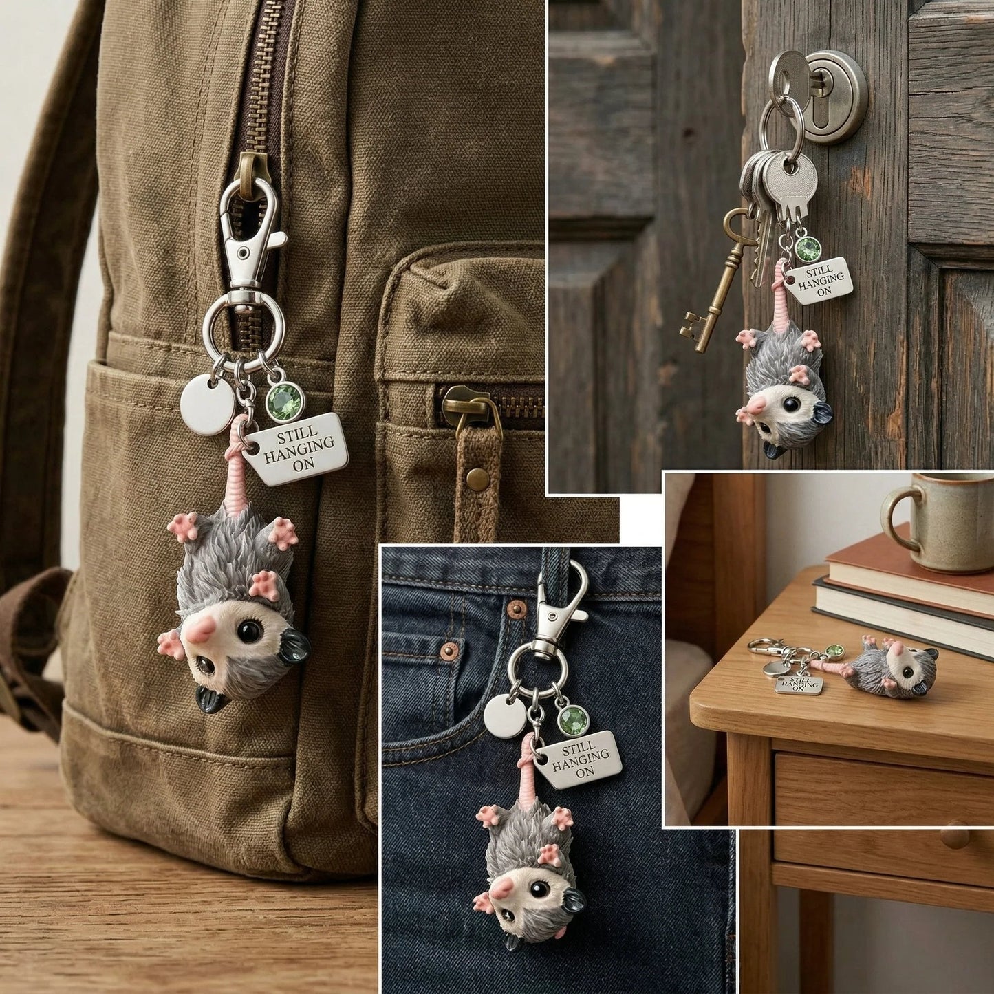 ππA Little Opossum for You ---2D Style "Still Hanging On" Keychain & Sentiment Card Set
