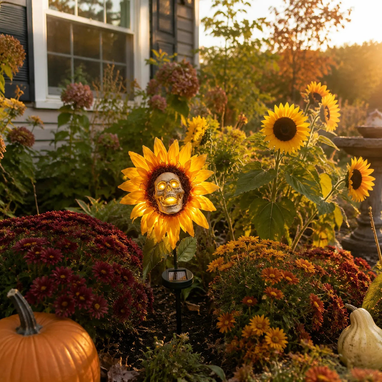 🌻🌻 Solar Sunflower Skull Stake Light - Illuminate Your Halloween with Spooky Charm!