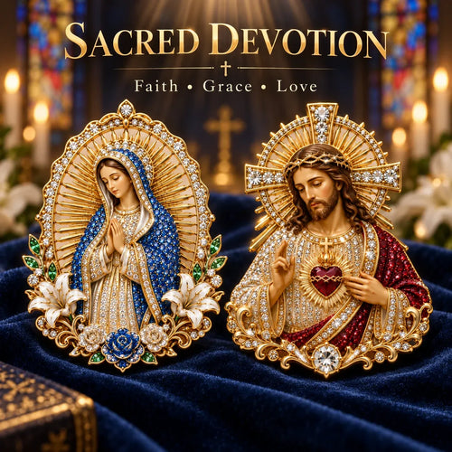 ⏳ ⏳Last Day 50% OFF – ✝️ 3D Jesus & Mary Sacred Devotion Pin | Gold-Tone Crystal Christian Brooch ❤️