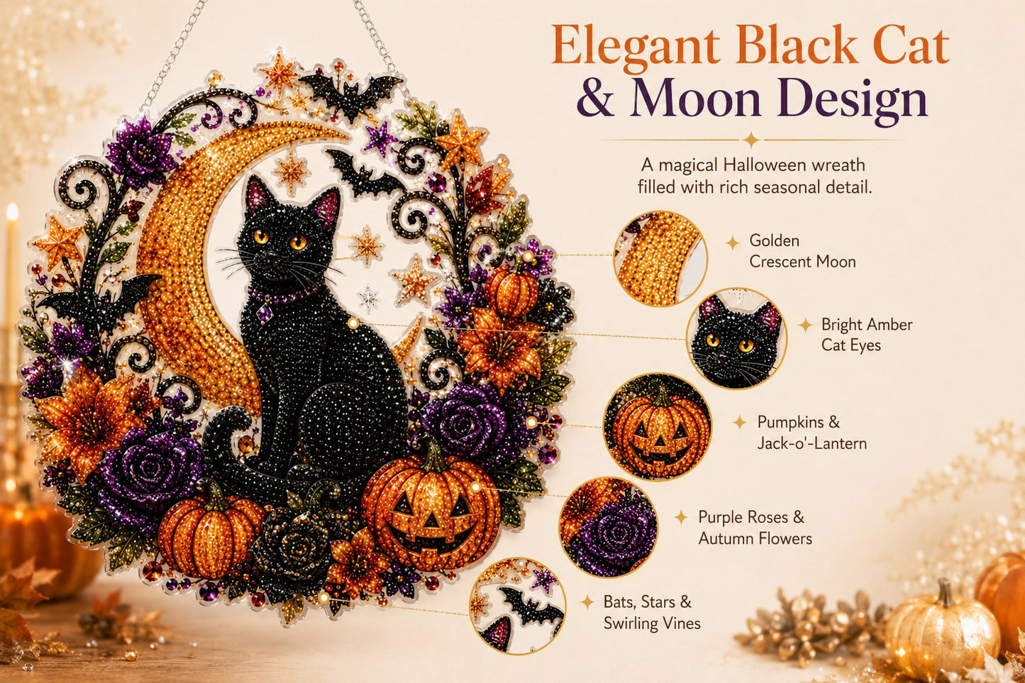 🎃Black Cat Moon Diamond Art Hanging Ornament Kit – Relaxing DIY Halloween Craft 🎃💎 (📦Buy 2 Free Shipping)
