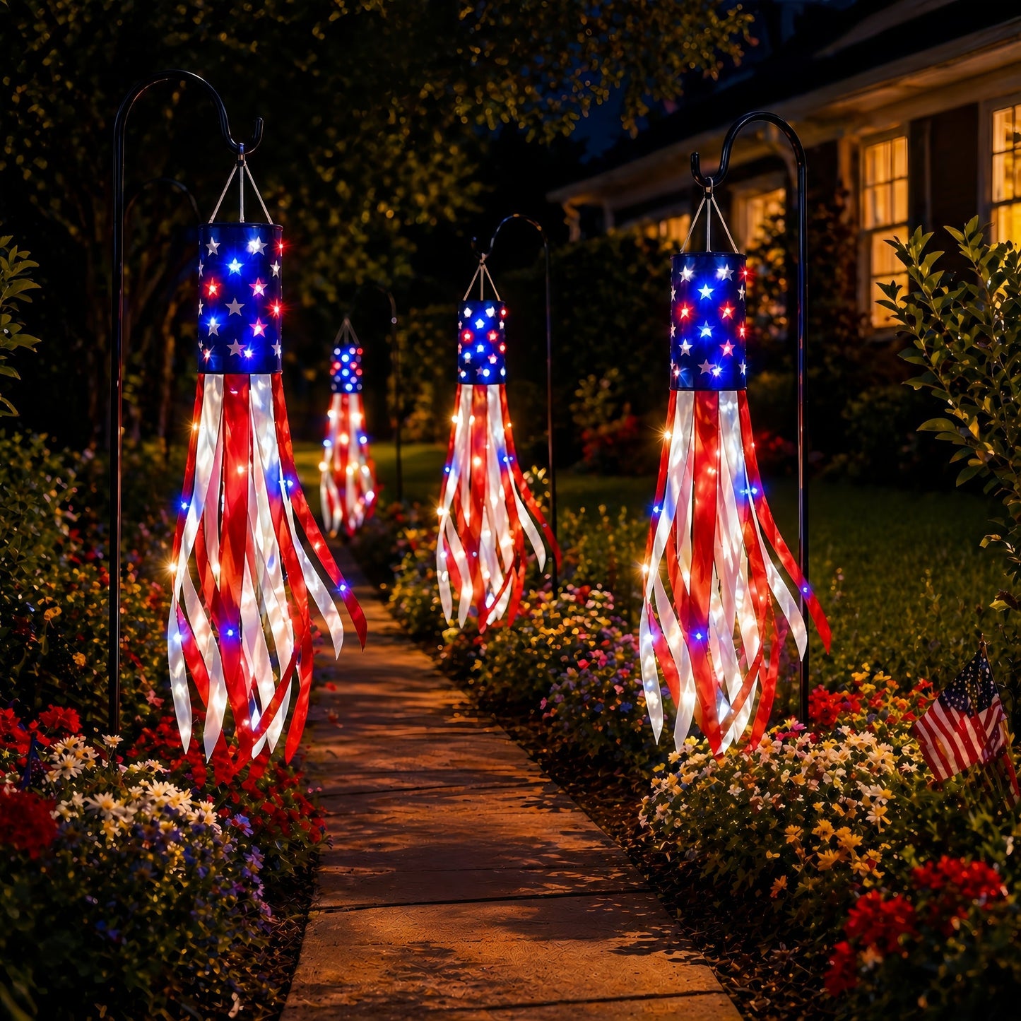 💈💈3 Pack 50 Inch Large American Flag Windsocks with Red White Blue Lights