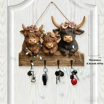 🐮 2D-Rustic Highland Cow Wooden Family Key Holder Hanging Ornament with 4 Hooks