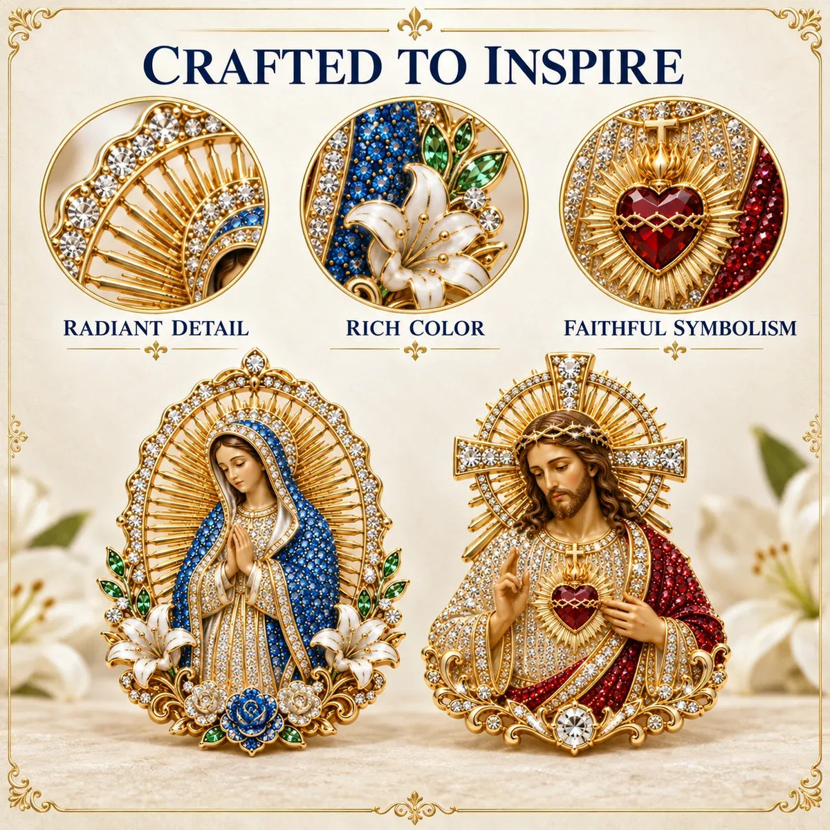 ⏳ ⏳Last Day 50% OFF – ✝️ 3D Jesus & Mary Sacred Devotion Pin | Gold-Tone Crystal Christian Brooch ❤️