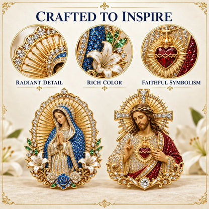 ⏳ ⏳Last Day 50% OFF – ✝️ 3D Jesus & Mary Sacred Devotion Pin | Gold-Tone Crystal Christian Brooch ❤️