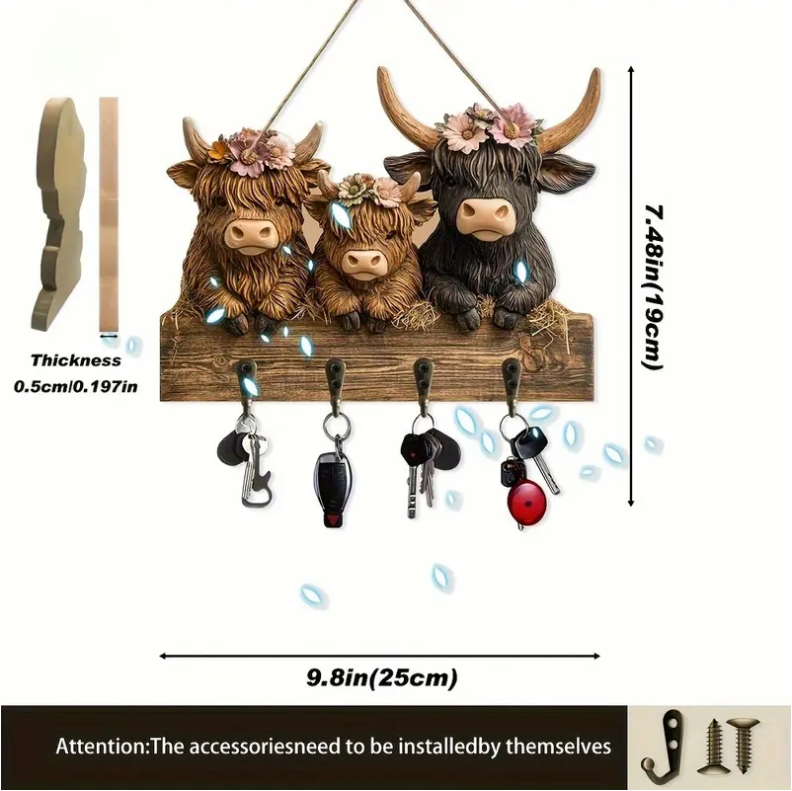 🐮 🐮2D-Rustic Highland Cow Wooden Family Key Holder Hanging Ornament with 4 Hooks
