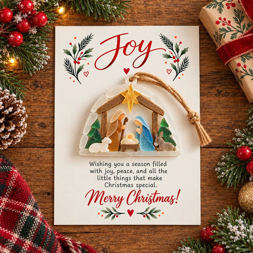 Joy Nativity Sea Glass Christmas Ornament with Greeting Card