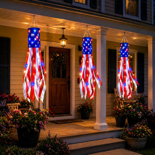 💈3 Pack 50 Inch Large American Flag Windsocks with Red White Blue Lights