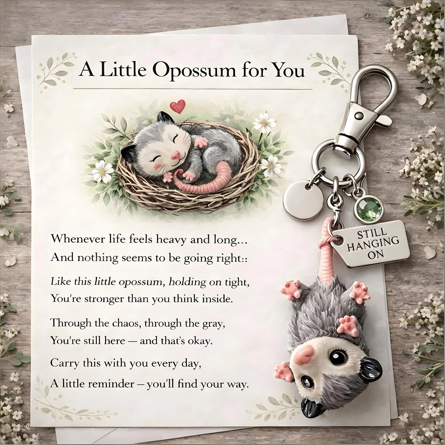 🐁🐁A Little Opossum for You ---2D Style "Still Hanging On" Keychain & Sentiment Card Set