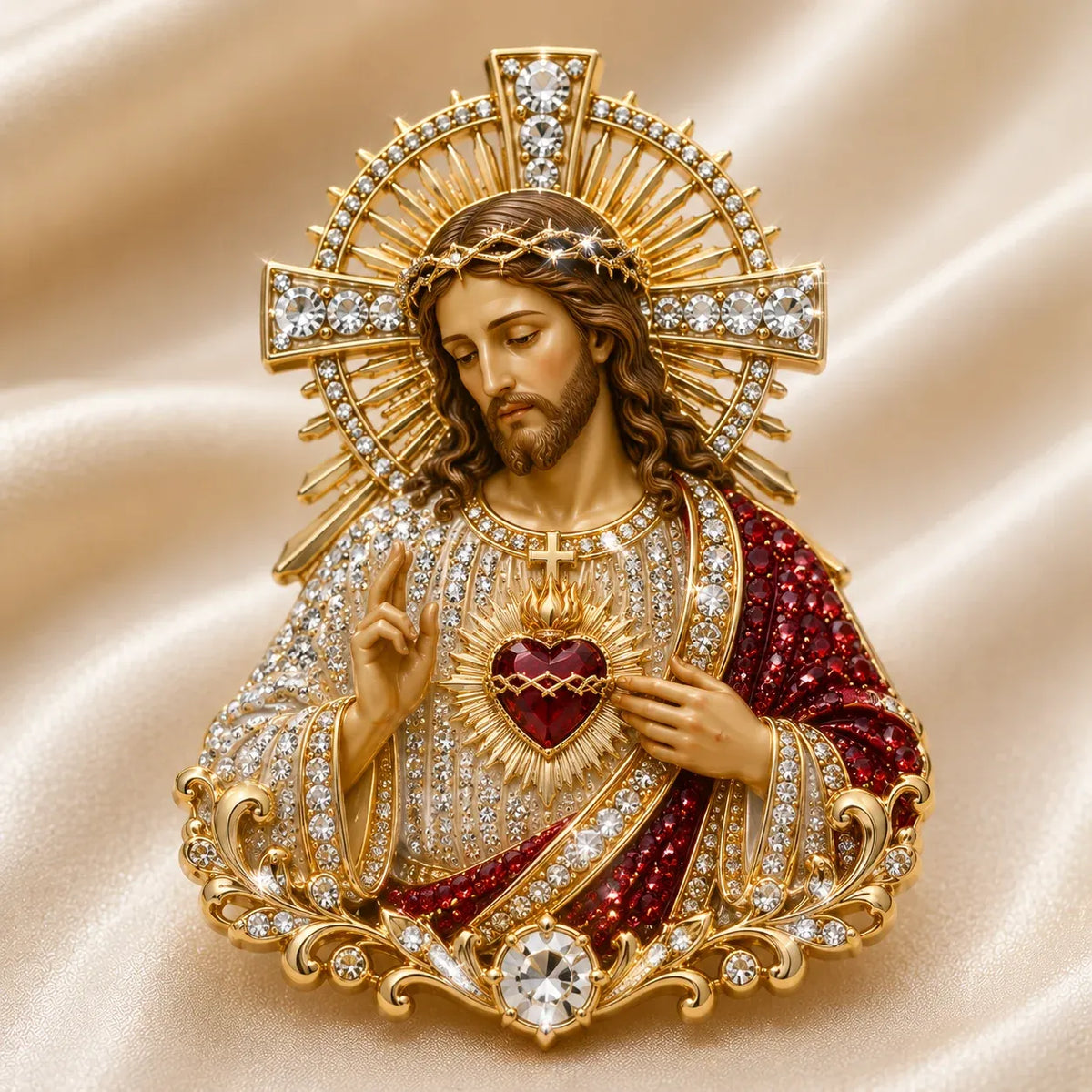 ⏳ ⏳Last Day 50% OFF – ✝️ 3D Jesus & Mary Sacred Devotion Pin | Gold-Tone Crystal Christian Brooch ❤️