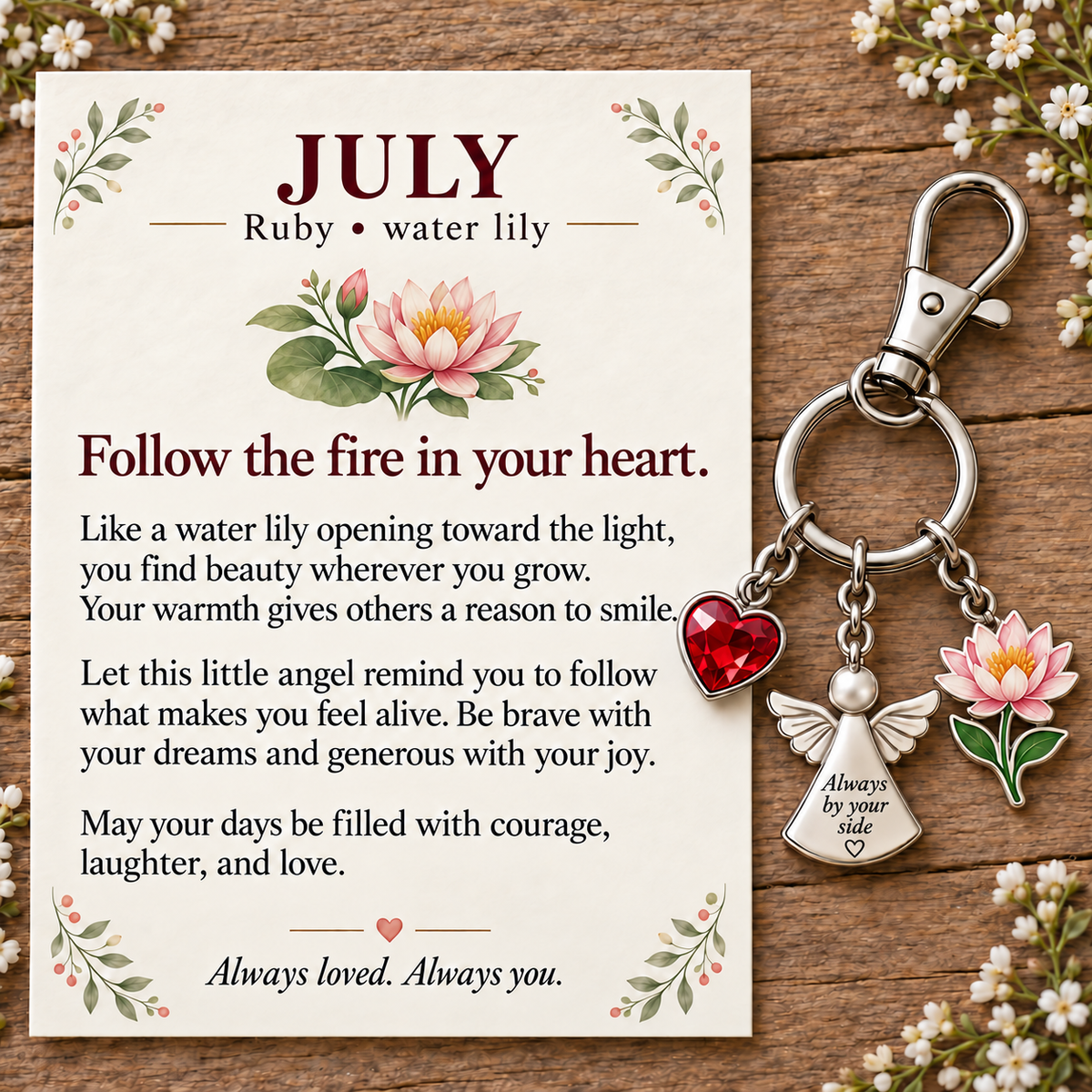 ⏳ Last Day 50% OFF —👼 Always By Your Side: Birth Month Angel & Flower Keychain + Keepsake Card 🌸