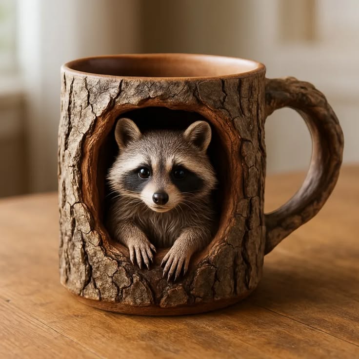 🦝🦝Woodland Raccoon Tree Hollow Mug – Rustic 3D Animal Coffee Cup