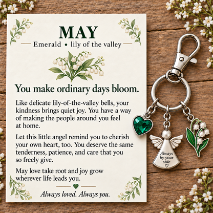 ⏳ Last Day 50% OFF —👼 Always By Your Side: Birth Month Angel & Flower Keychain + Keepsake Card 🌸