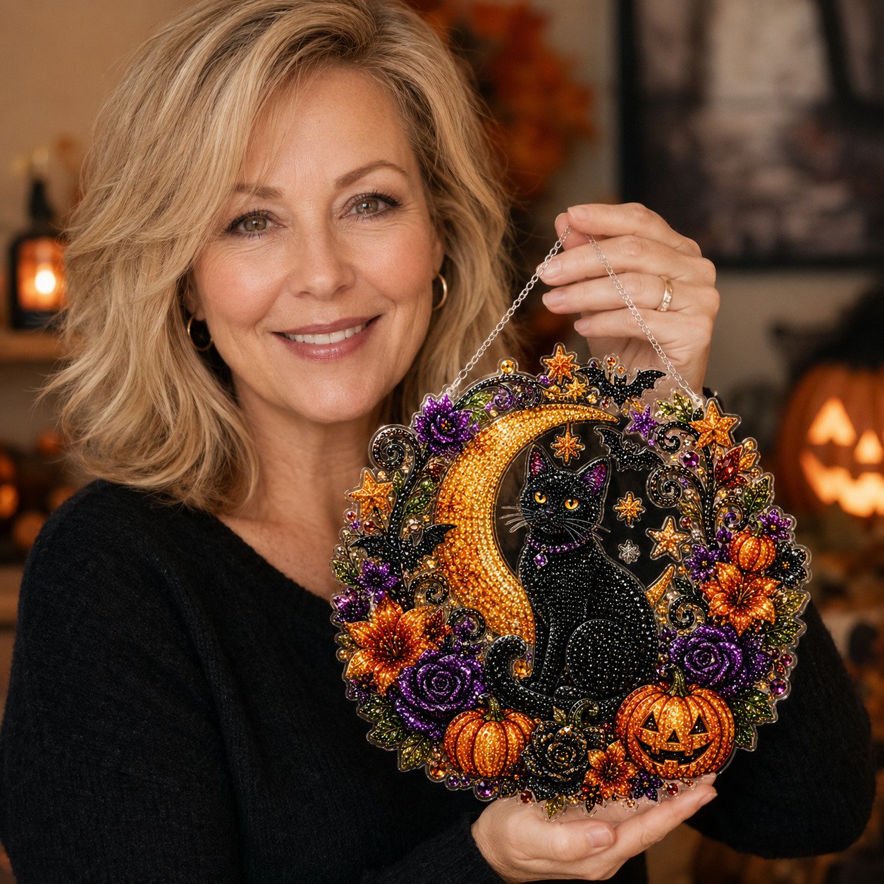 🎃Black Cat Moon Diamond Art Hanging Ornament Kit – Relaxing DIY Halloween Craft 🎃💎 (📦Buy 2 Free Shipping)