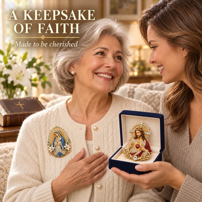 ⏳ ⏳Last Day 50% OFF – ✝️ 3D Jesus & Mary Sacred Devotion Pin | Gold-Tone Crystal Christian Brooch ❤️