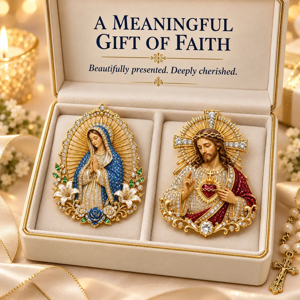⏳ ⏳Last Day 50% OFF – ✝️ 3D Jesus & Mary Sacred Devotion Pin | Gold-Tone Crystal Christian Brooch ❤️