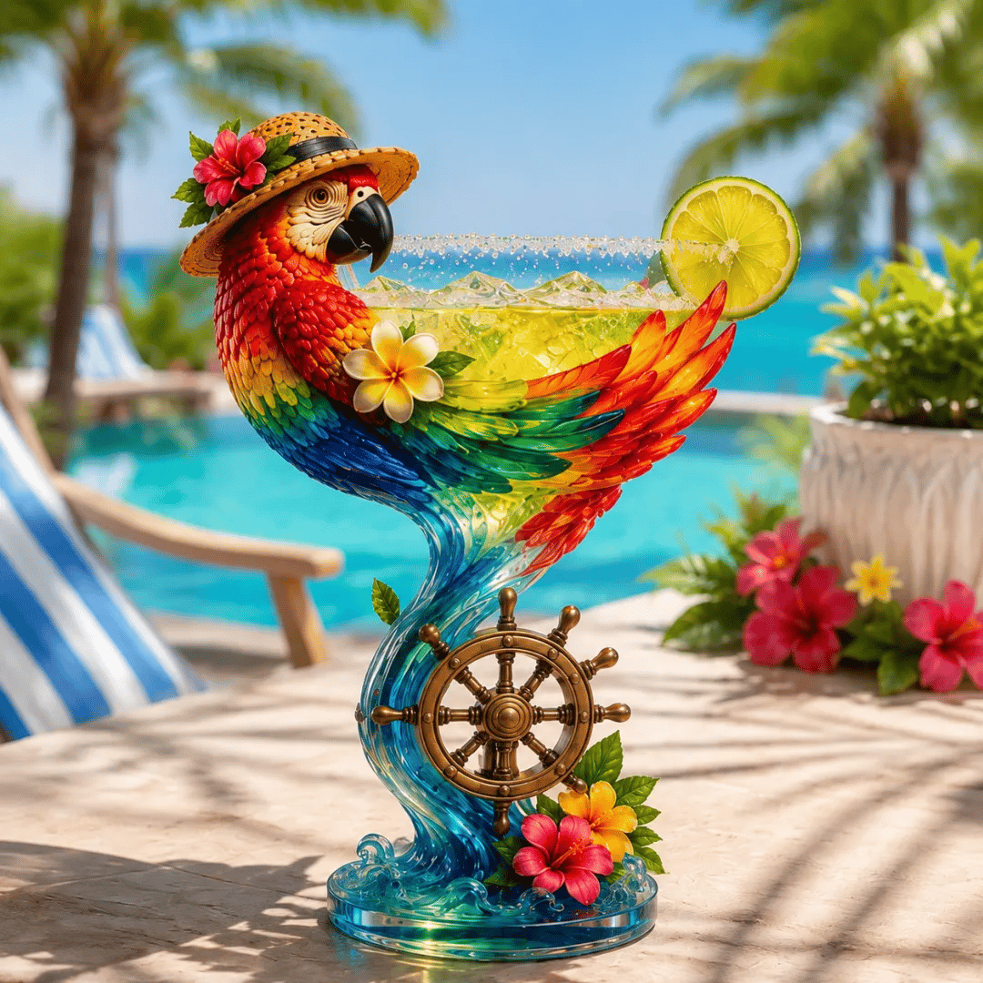 🦜Parrot Paradise Margarita Glass🐢 Tropical Coastal Collector Cocktail Goblet