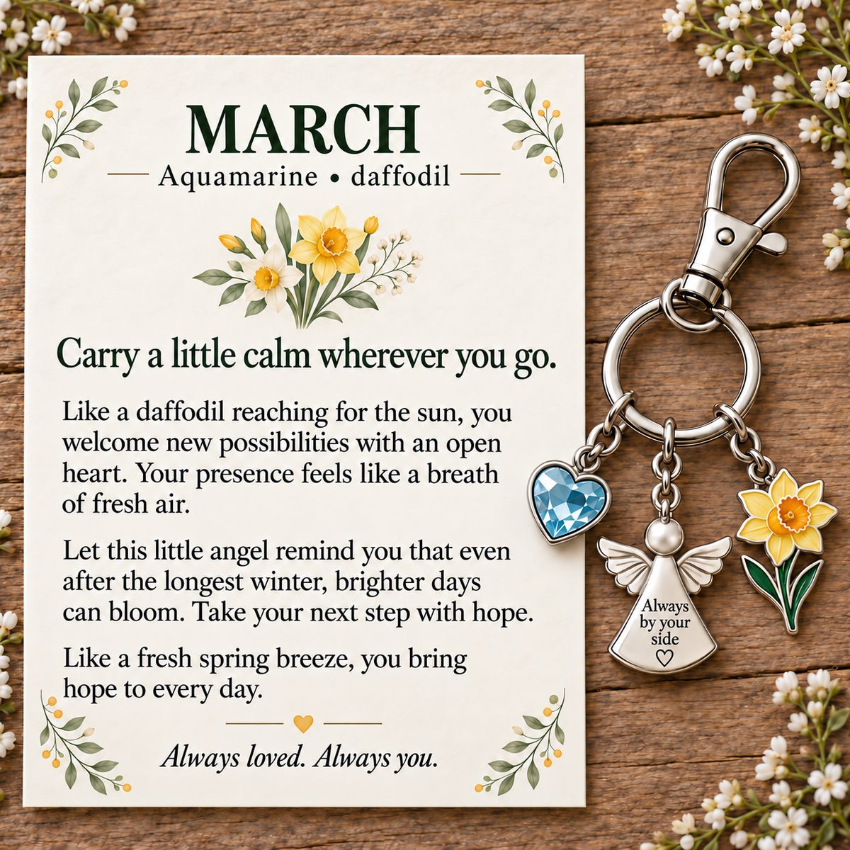 ⏳ Last Day 50% OFF —👼 Always By Your Side: Birth Month Angel & Flower Keychain + Keepsake Card 🌸
