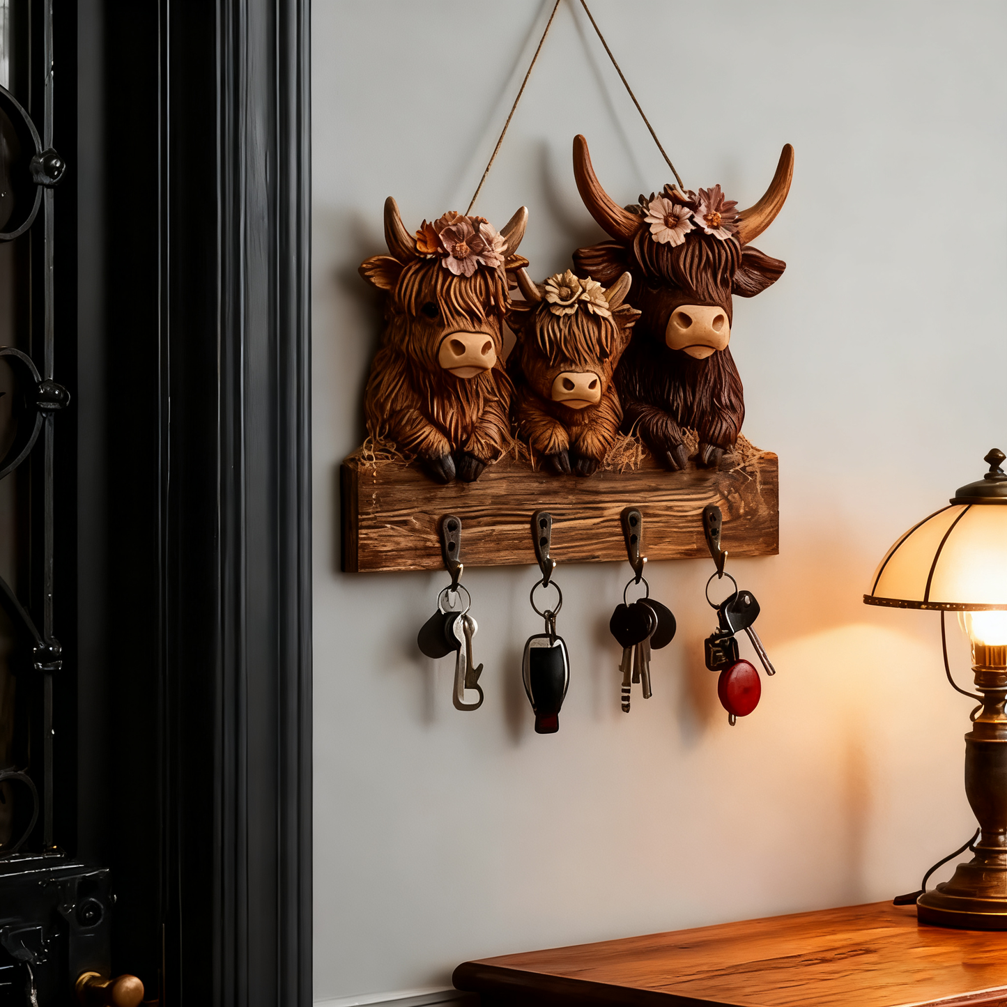 🐮 🐮2D-Rustic Highland Cow Wooden Family Key Holder Hanging Ornament with 4 Hooks