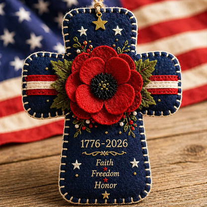 🎖️🎖️🇺🇸 1776–2026 Patriotic Poppy Cross Ornament – Faith Freedom Honor Embroidered Memorial Decor