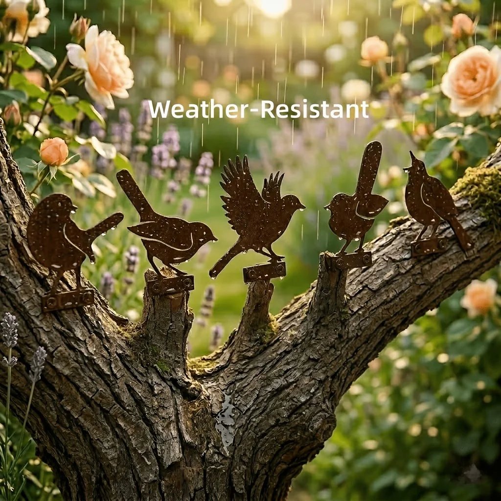 🐦5-Piece Lifelike Rusty Metal Bird Silhouettes Garden Art