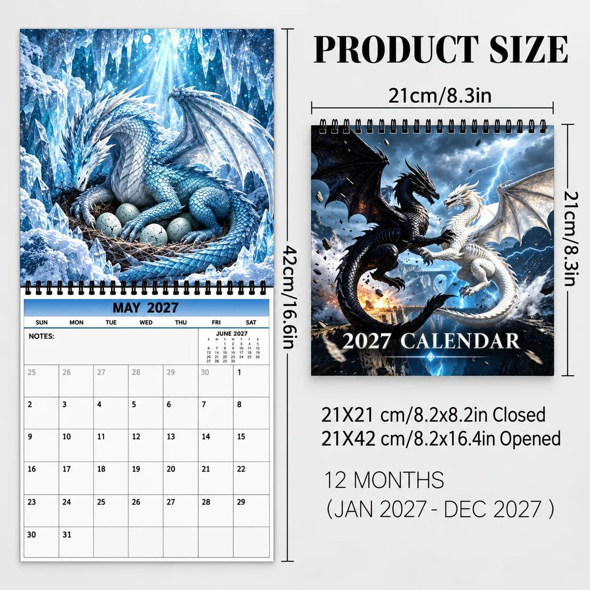 🐉🐉Dragons  2027 Wall Calendar – 12-Month Epic Fantasy Dragon Calendar, Mystical Legendary Art Hanging Planner for Dragon Lovers