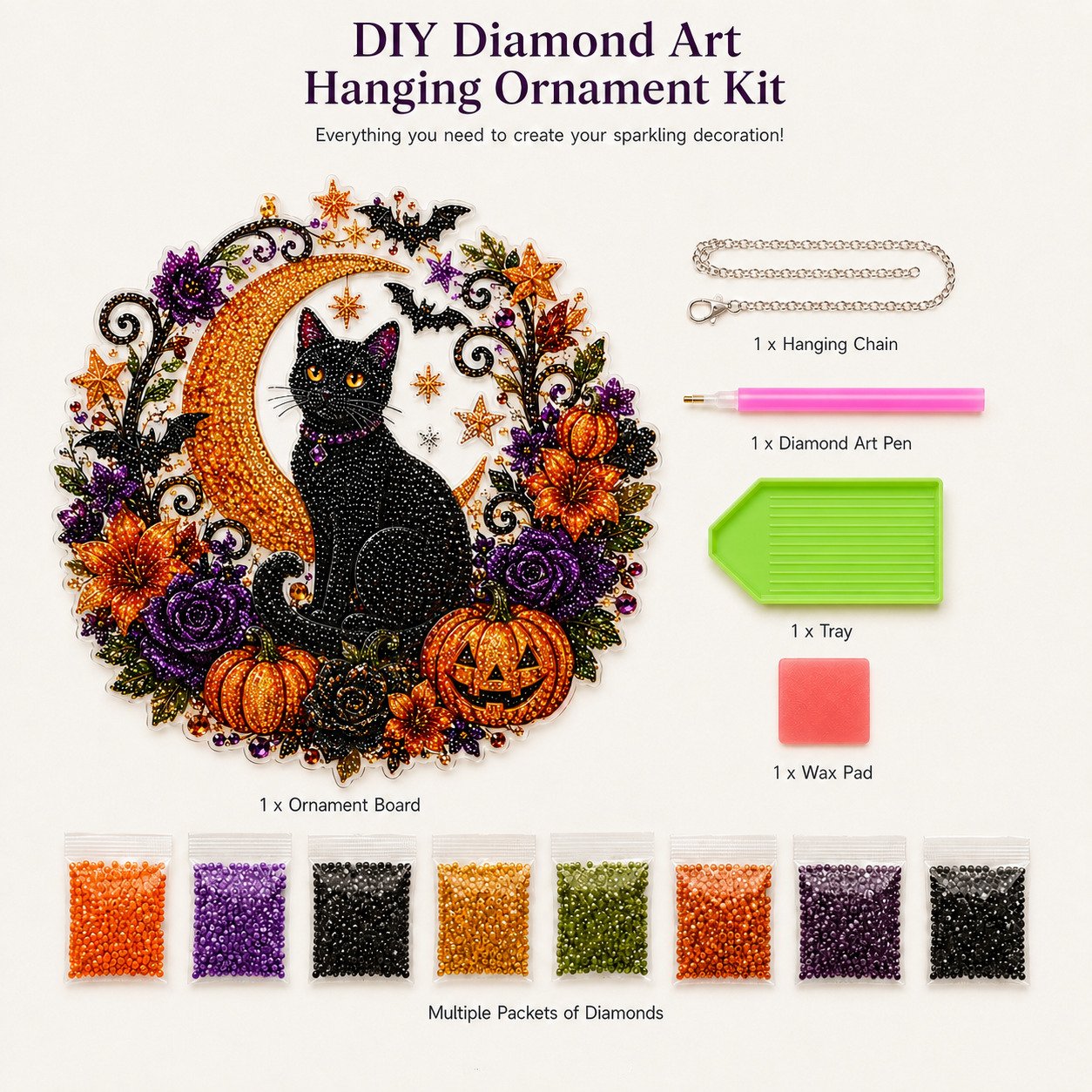 🎃Black Cat Moon Diamond Art Hanging Ornament Kit – Relaxing DIY Halloween Craft 🎃💎 (📦Buy 2 Free Shipping)