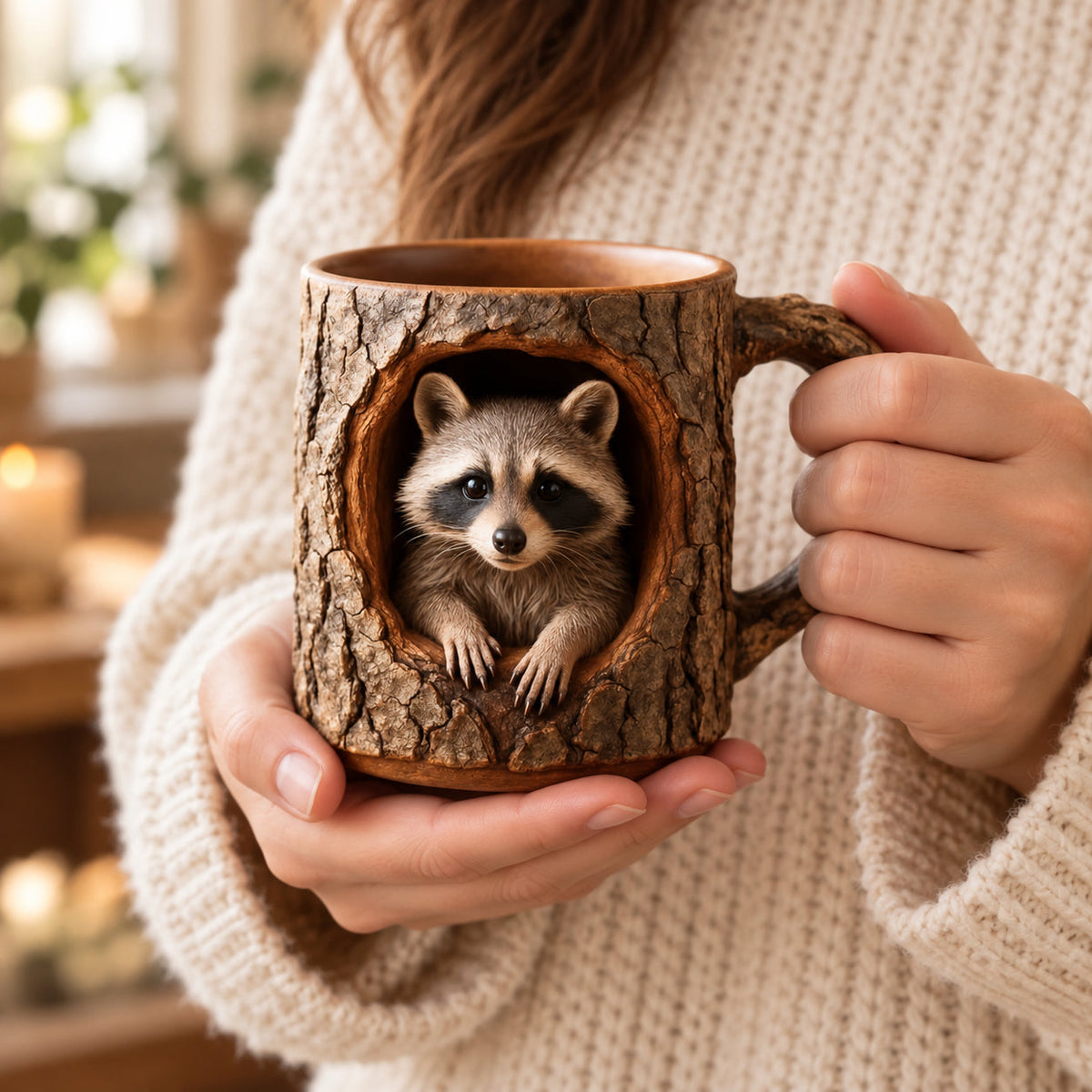 🦝🦝Woodland Raccoon Tree Hollow Mug – Rustic 3D Animal Coffee Cup