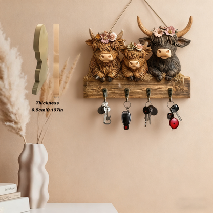 🐮 2D-Rustic Highland Cow Wooden Family Key Holder Hanging Ornament with 4 Hooks