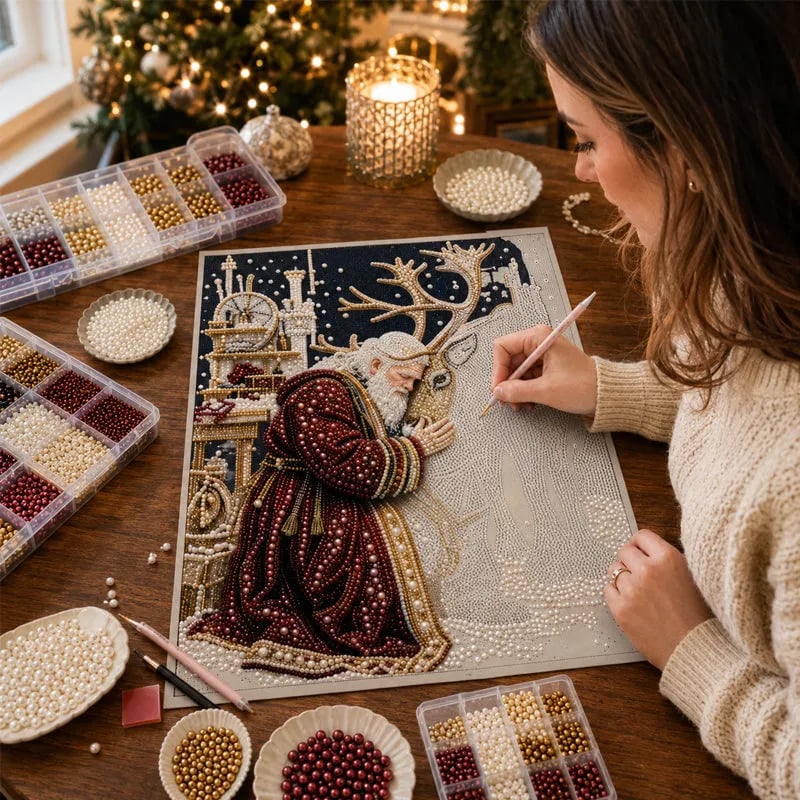 🎅🎅🎄 Premium 3D Pearl Christmas Reindeer Diamond Painting Art Kit |  Luxury Flocked Canvas with Scratch-Resistant Non-Fading Pearl Beads DIY Holiday Decor⛄️❄️