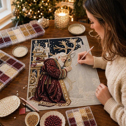 🎅🎅🎄 Premium 3D Pearl Christmas Reindeer Diamond Painting Art Kit |  Luxury Flocked Canvas with Scratch-Resistant Non-Fading Pearl Beads DIY Holiday Decor⛄️❄️