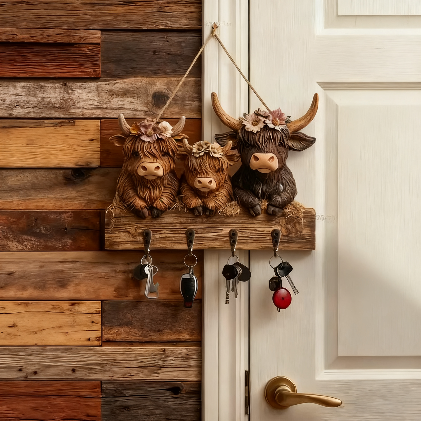 🐮 2D-Rustic Highland Cow Wooden Family Key Holder Hanging Ornament with 4 Hooks