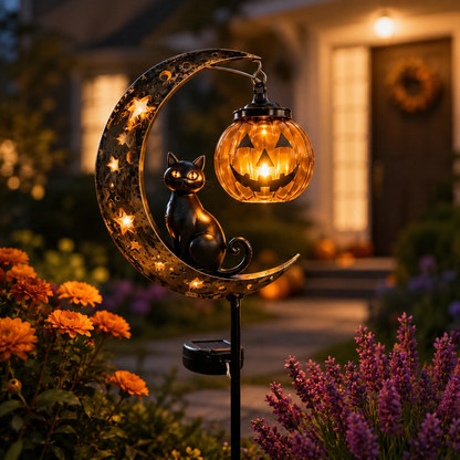 🎃🎃Solar Halloween Black Cat & Pumpkin Moon Garden Stake Light