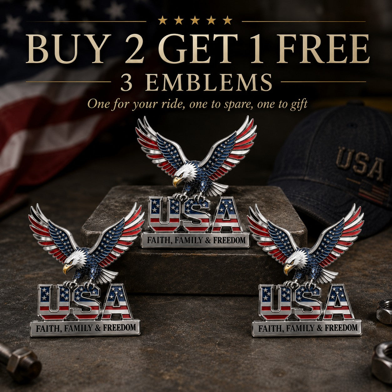 🦅🦅USA Faith, Family & Freedom Metal Emblem