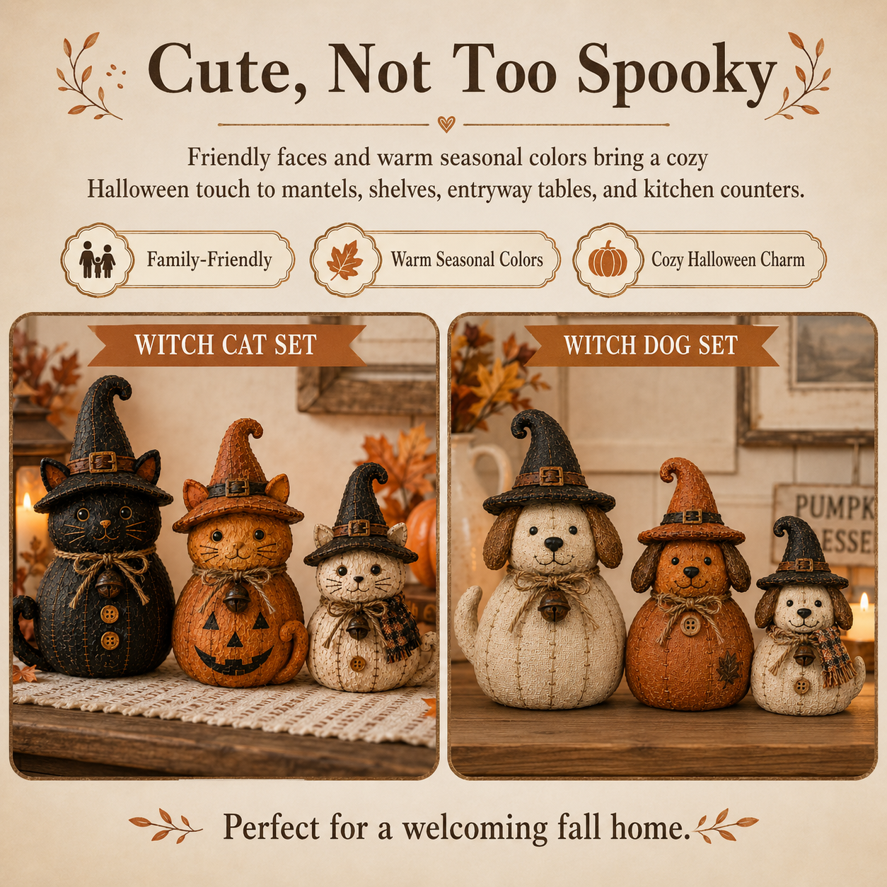🔥🎁Vintage Witch Cat & Dog Decor Set
