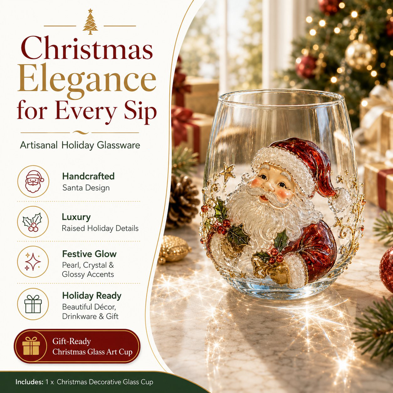 🎄🎄✨ Christmas Glass Art Cup | Luxury Raised Holiday Glassware for Drinks, Decor & Christmas Gifts 🎁