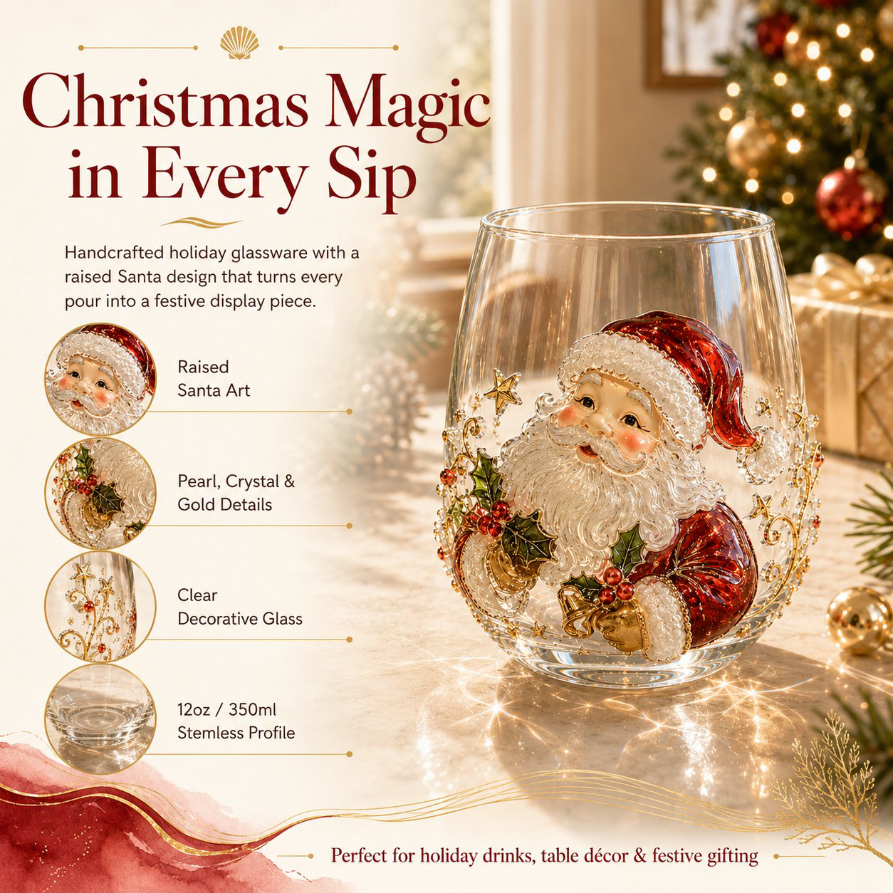 🎄🎄✨ Christmas Glass Art Cup | Luxury Raised Holiday Glassware for Drinks, Decor & Christmas Gifts 🎁
