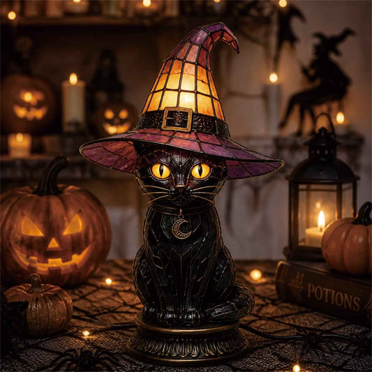 🔥🔥Exclusive Limited Item 👍🔥50%OFF🐈 Gothic Stained Glass Witch Black Cat Table Lamp | Halloween Witch Hat Night Light Decor