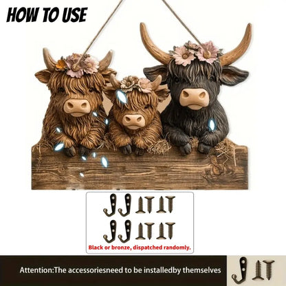 🐮 2D-Rustic Highland Cow Wooden Family Key Holder Hanging Ornament with 4 Hooks