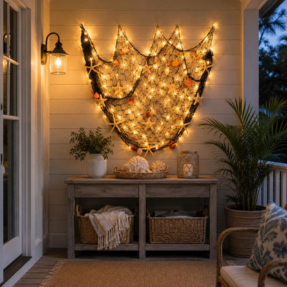 🌊🌊✨ Coastal Fishing Net Wall Hanging with Fairy Lights