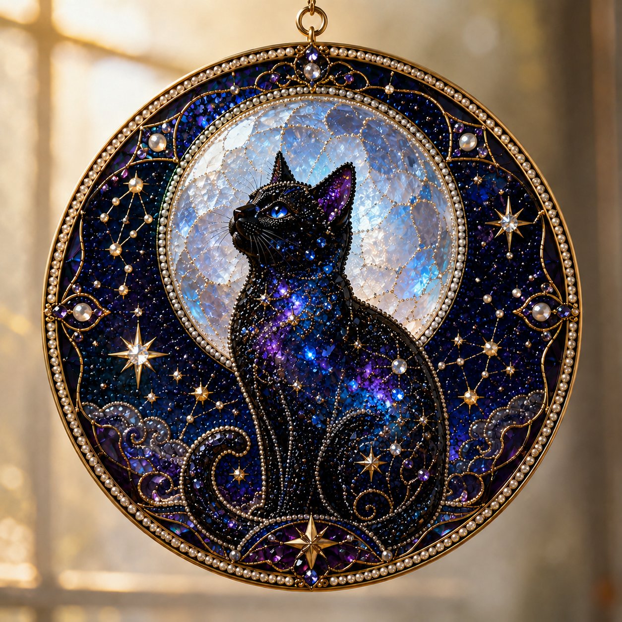 🌙🌙🐈‍⬛ LAST DAY 49% OFF – ✨ Premium 3D Pearl Celestial Black Cat Window Hanging Kit | Luxury Flocked Canvas with Scratch-Resistant Non-Fading Pearl Beads DIY Handmade Moonlight Suncatcher Decor 🔮💎