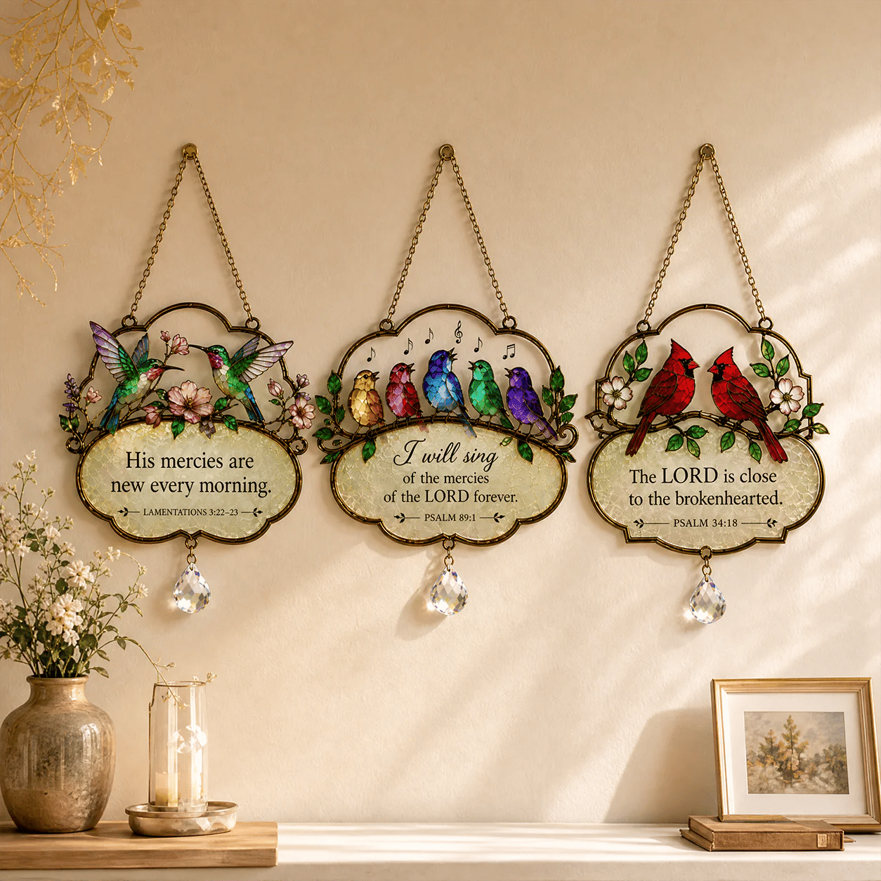 🐦Christian Scripture Bird Suncatcher with Crystal Prism – Hummingbird, Cardinal & Songbird Window Hanging