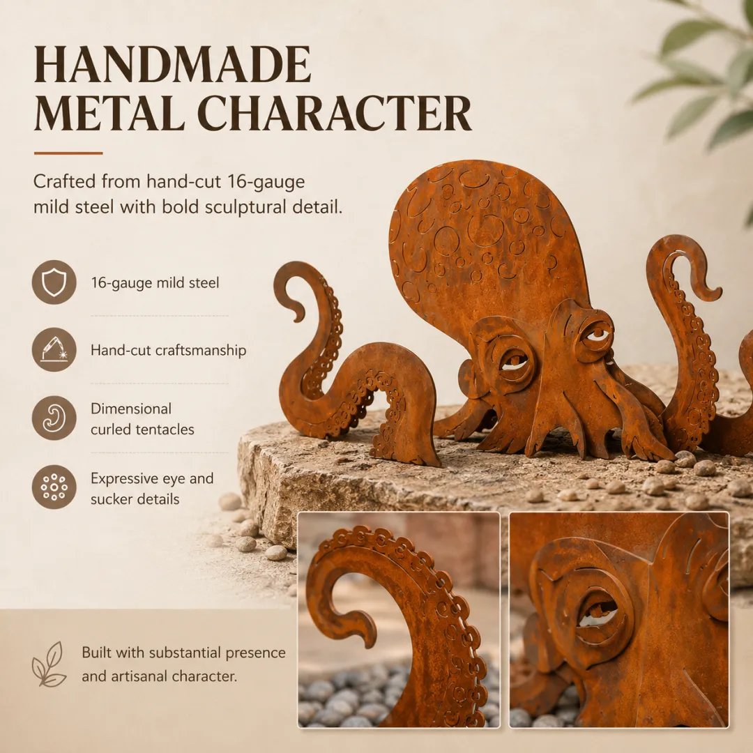 🐙Rust Patina Giant Squid Garden Sculpture