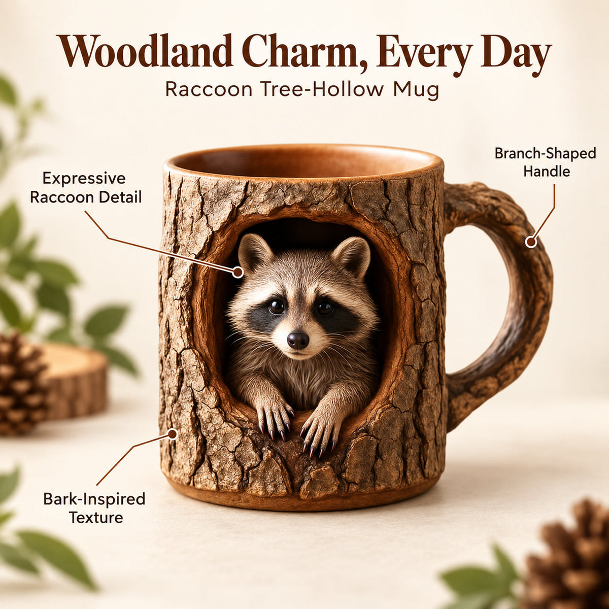 🦝🦝Woodland Raccoon Tree Hollow Mug – Rustic 3D Animal Coffee Cup