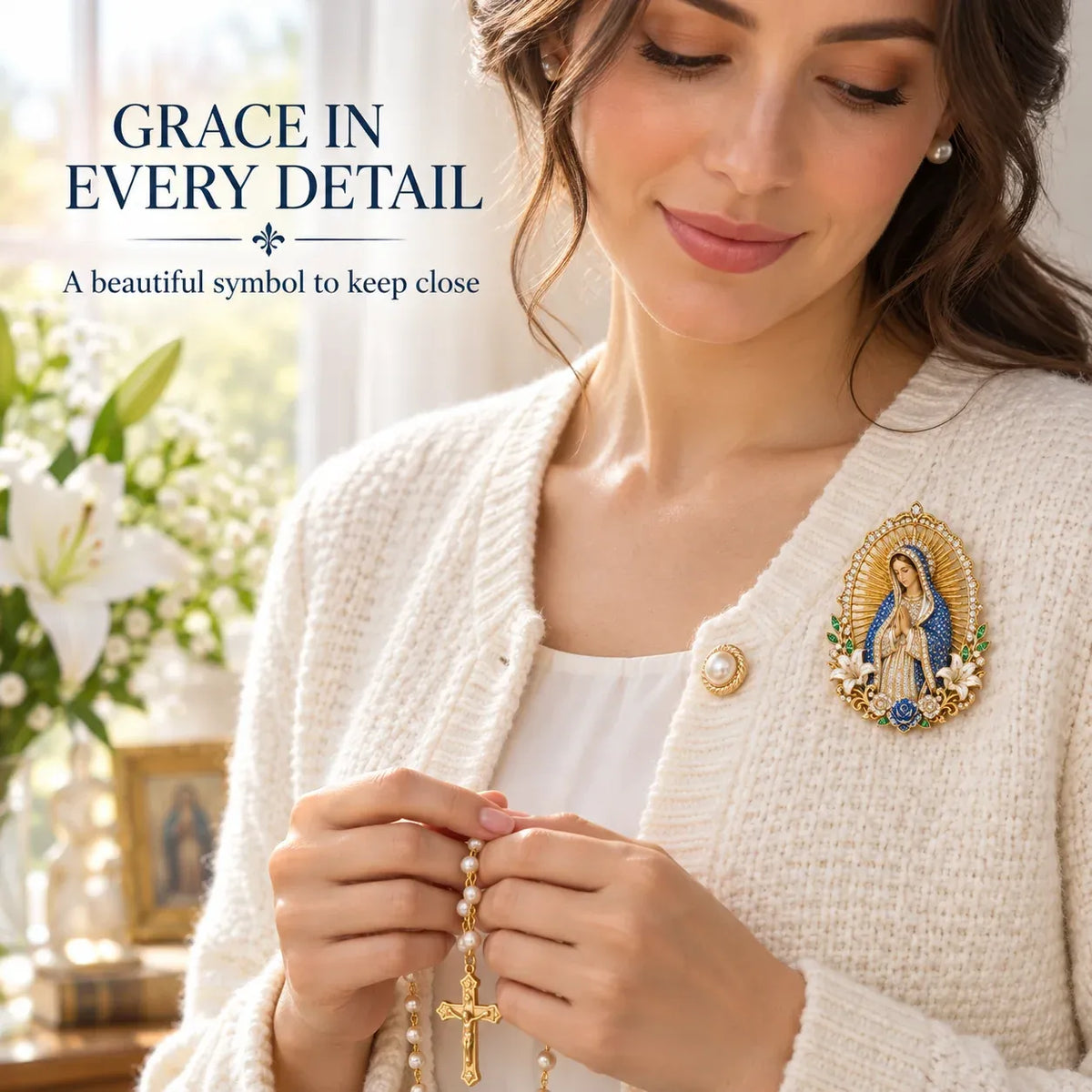 ⏳ ⏳Last Day 50% OFF – ✝️ 3D Jesus & Mary Sacred Devotion Pin | Gold-Tone Crystal Christian Brooch ❤️