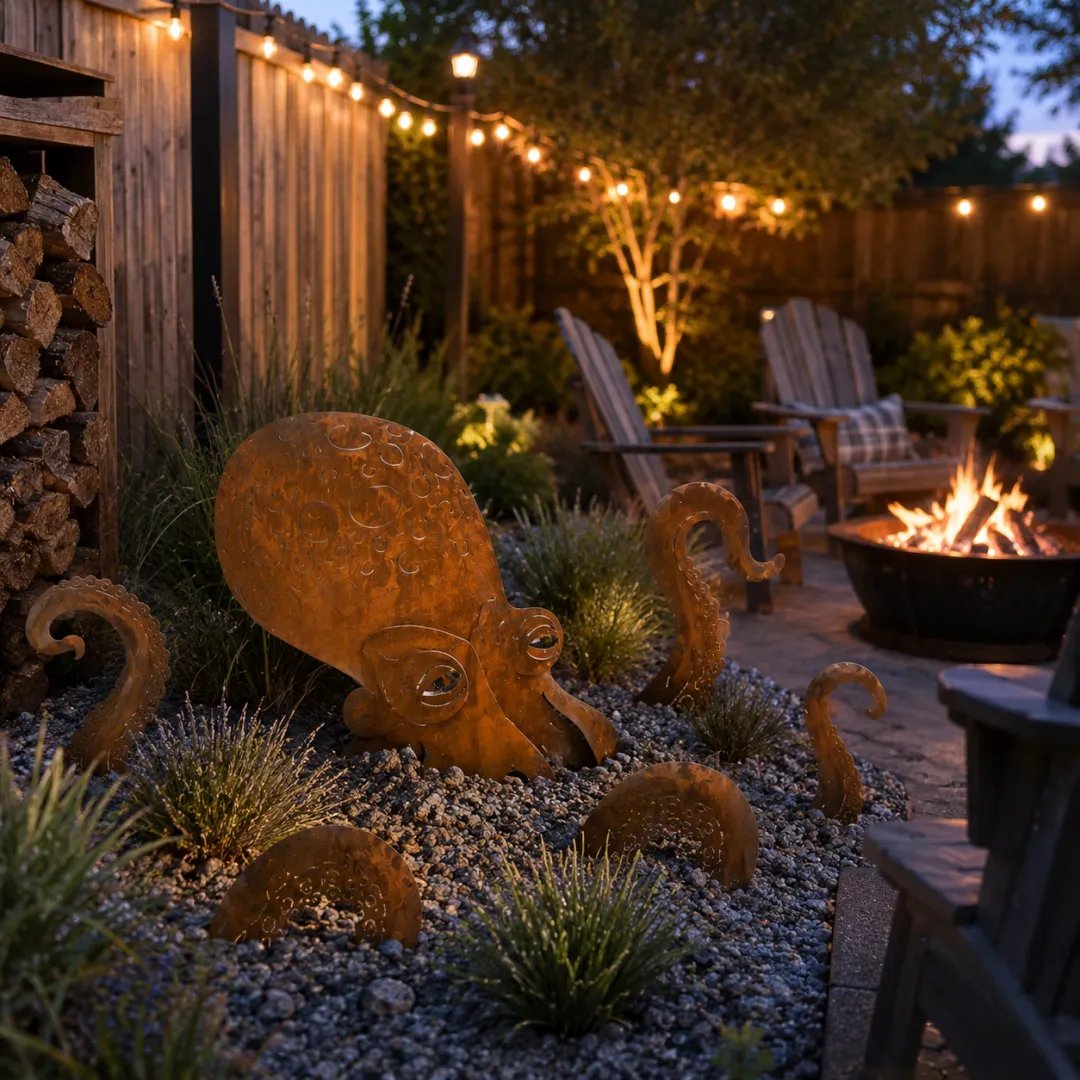 🐙Rust Patina Giant Squid Garden Sculpture