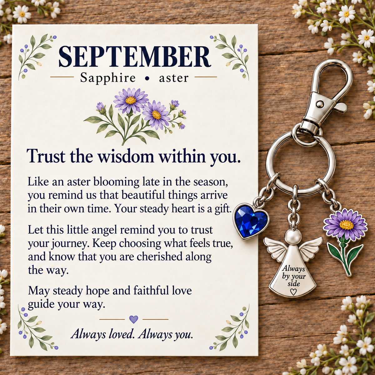 ⏳ Last Day 50% OFF —👼 Always By Your Side: Birth Month Angel & Flower Keychain + Keepsake Card 🌸